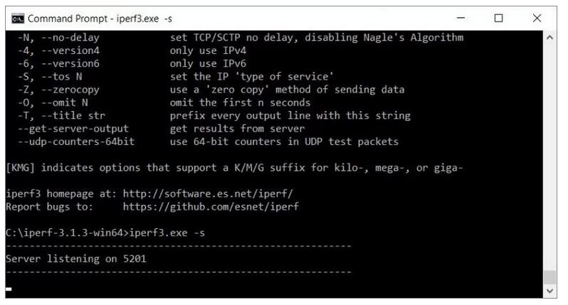دستور iperf3.exe –s