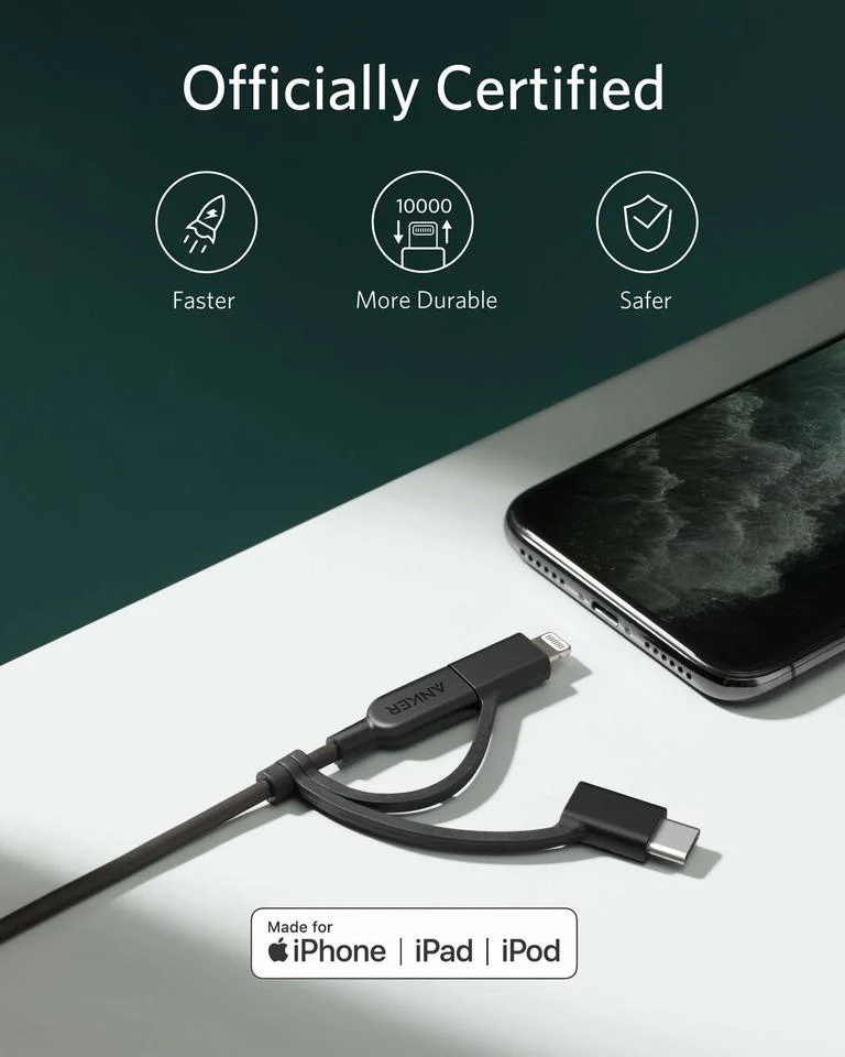 کابل شارژ 1 به 3 MicroUSB+lightning+Type-C انکر مدل A8436H12 طول 90 سانتی متر