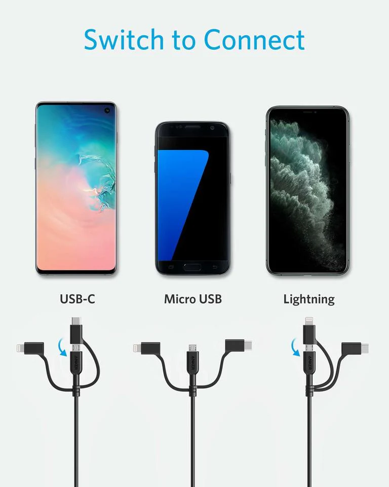 کابل شارژ 1 به 3 MicroUSB+lightning+Type-C انکر مدل A8436H12 طول 90 سانتی متر